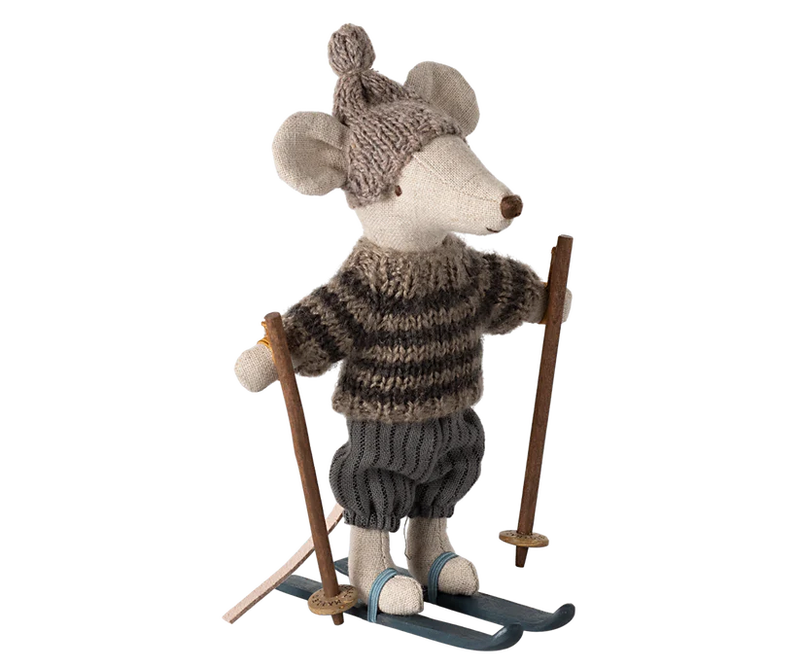 Maileg Winter mouse with ski set, Big brother - grey