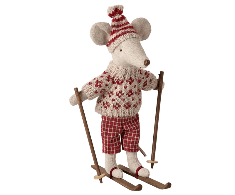 Maileg Winter mouse with ski set, Mum - Red